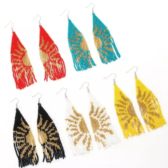 Long 5" Yellow Gold Abstract Sunshine Earrings Beaded Oversized Rays of Sun New - Picture 4 of 4